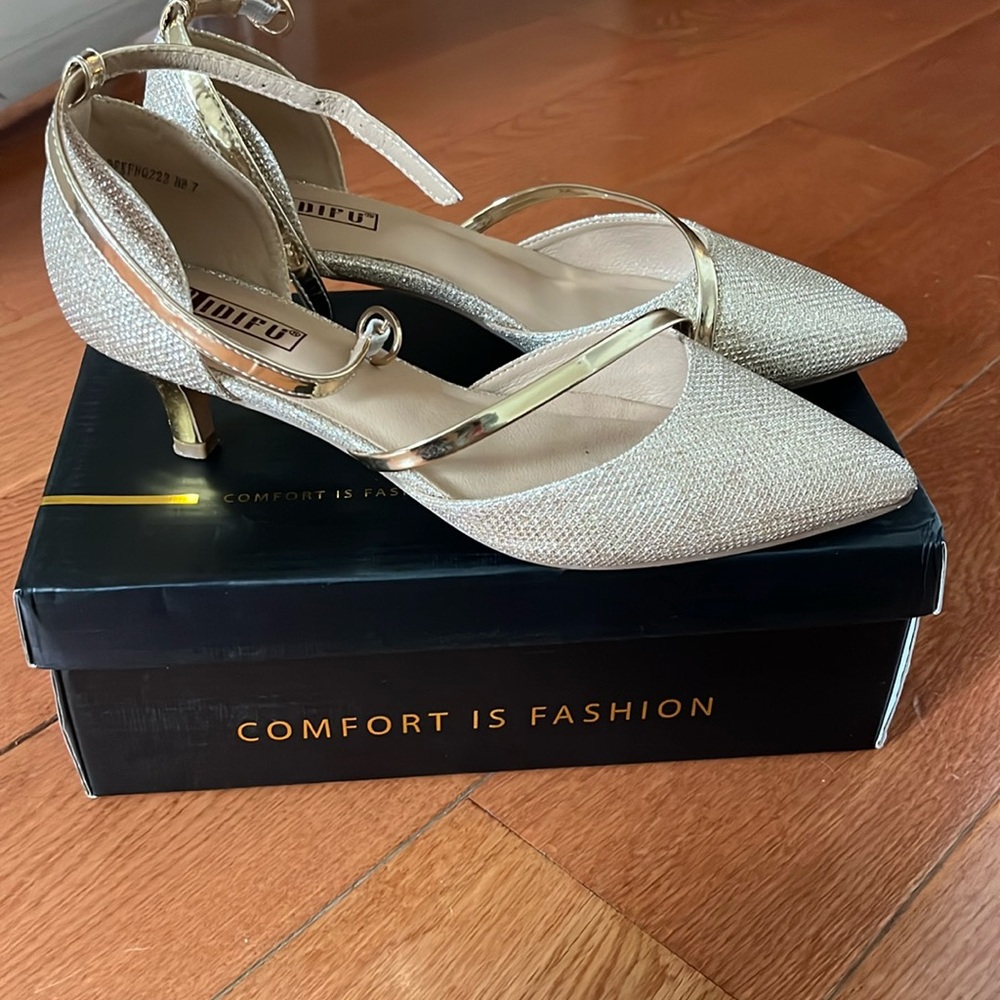 Gold kitten heels ankle strap